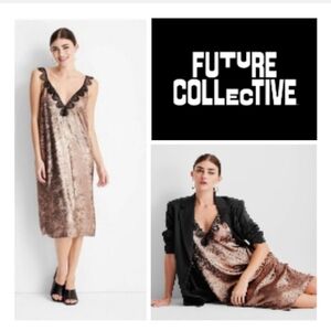 Future Collective with Kahlana Barfield Brown Lace Trim Slip Dress. Size S